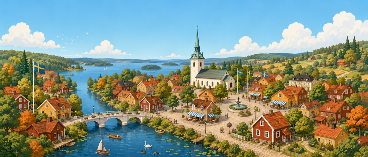 Illustrerad panoramavy över en svensk småstad: kyrka, å med stenbro, torg och röda stugor vid en sjö.